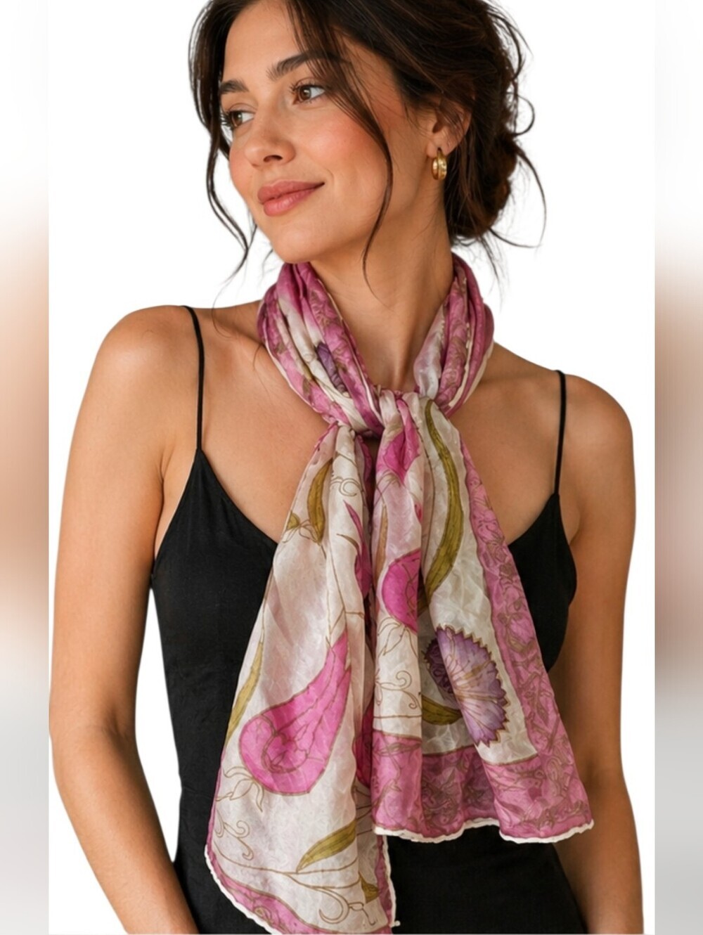 Vintage 100% Silk Floral Scarf Shawl Pink Purple Hand Painted Made In Turkey